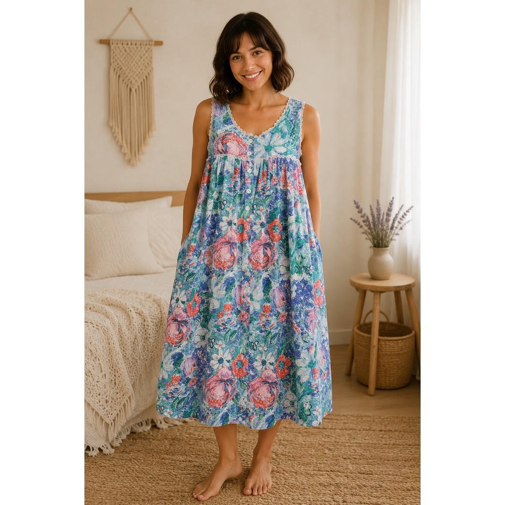 Star of India Floral Nightgown Cottagecore Grannycore Boho Blue Cotton Small